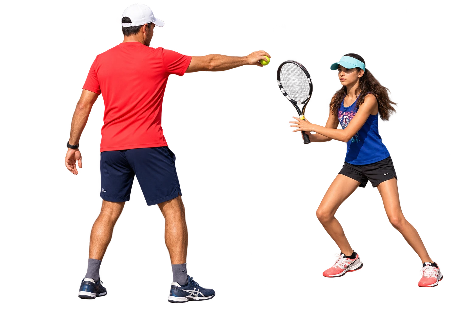 Tennis coach feeding a ball to a player in a ready position during a lesson